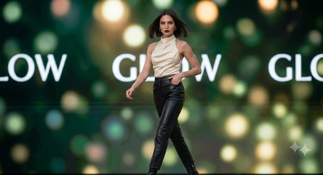Confident woman walking with glowing presence against a GLOW backdrop